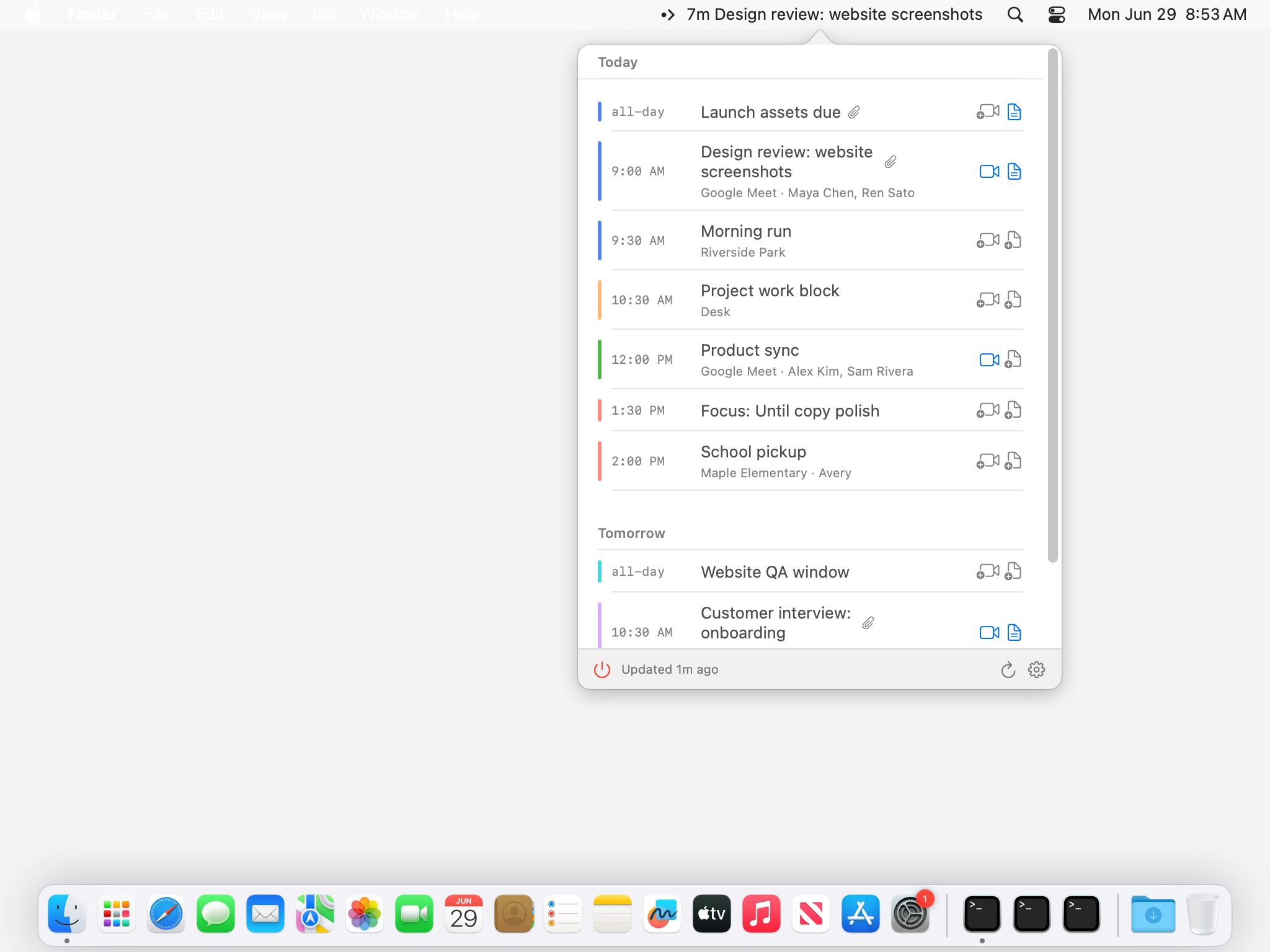 Until open from the macOS menubar, showing the upcoming events popover.