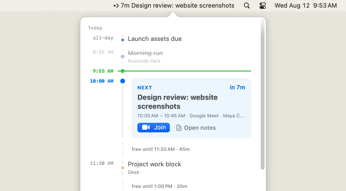 Until's macOS menubar view expanded into a continuous day timeline, with the next event prominent and later events continuing below.
