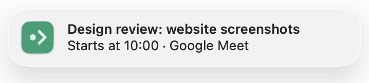 A macOS notification from Until for Design review, showing its start time and Google Meet link.
