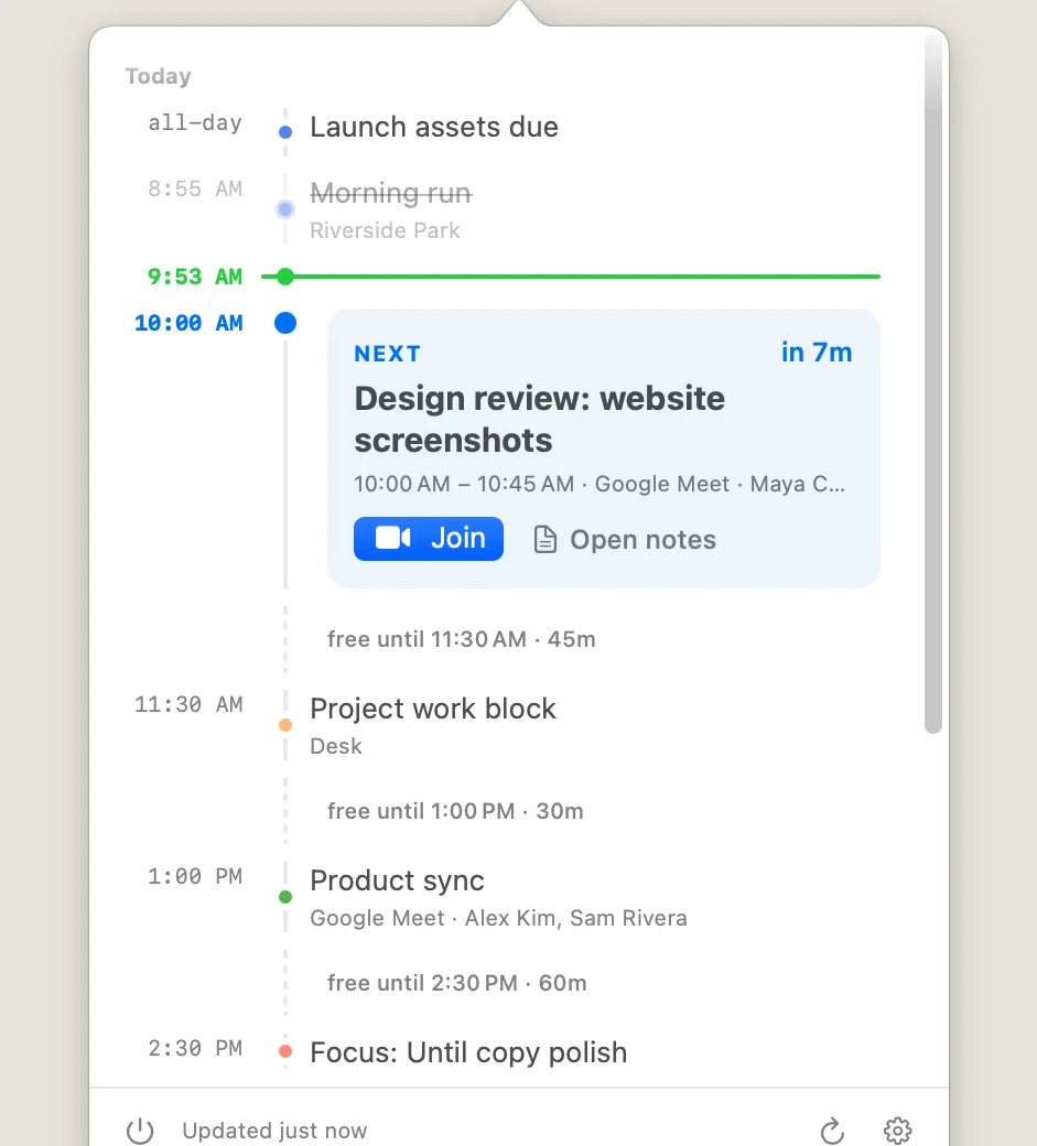 Until's full-day timeline in a macOS popover, showing the current event, free gaps, and upcoming calendar events.